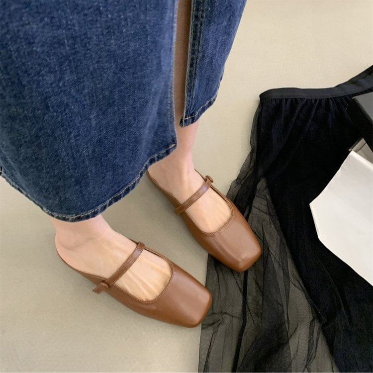 Square Toe Plain Faux Leather Mary Jane Flat Mules mySite