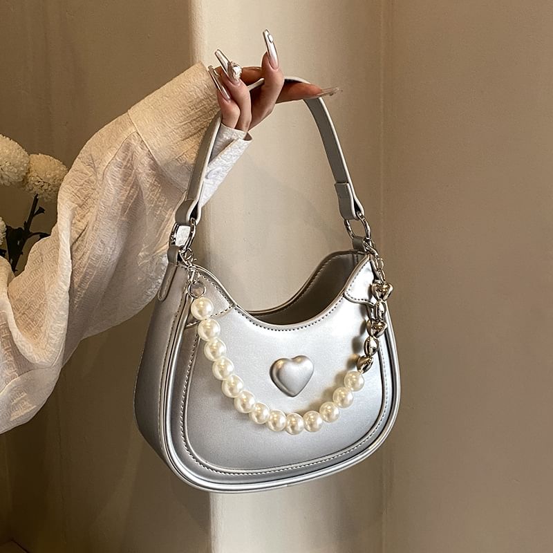 Heart Faux Pearl Chain Shoulder Bag SpreePicky