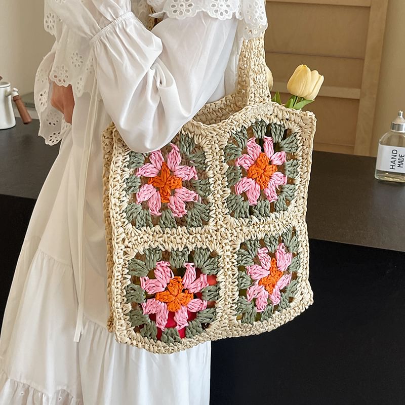 Floral Patterned Straw Tote Bag SpreePicky