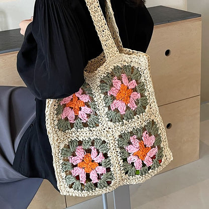 Floral Patterned Straw Tote Bag SpreePicky