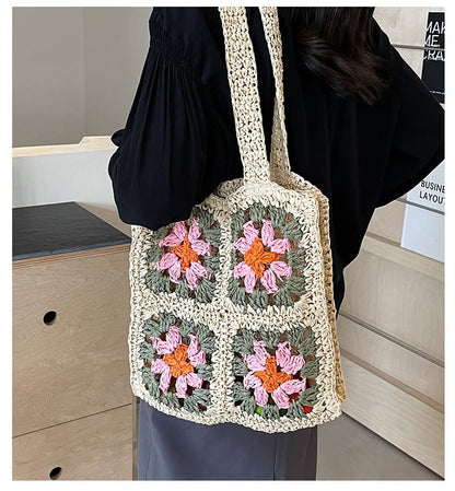 Floral Patterned Straw Tote Bag SpreePicky