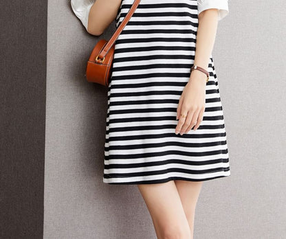 Short-Sleeve Round Neck Striped Panel Ruffle Trim Mini A-Line Dress mySite