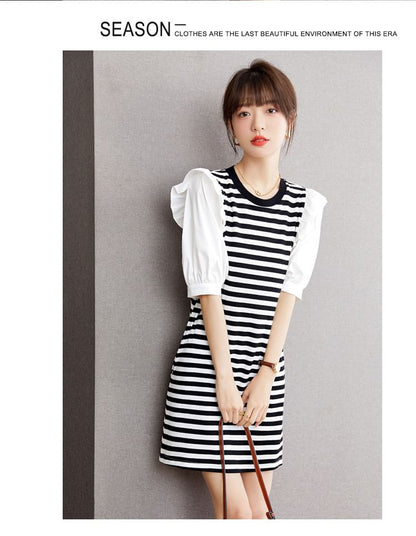 Short-Sleeve Round Neck Striped Panel Ruffle Trim Mini A-Line Dress mySite