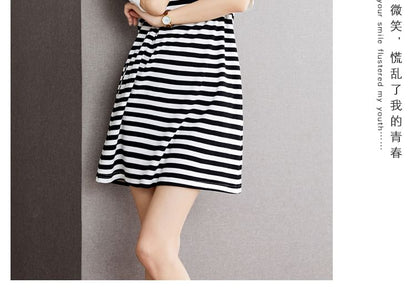 Short-Sleeve Round Neck Striped Panel Ruffle Trim Mini A-Line Dress mySite