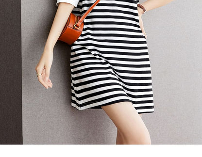 Short-Sleeve Round Neck Striped Panel Ruffle Trim Mini A-Line Dress mySite