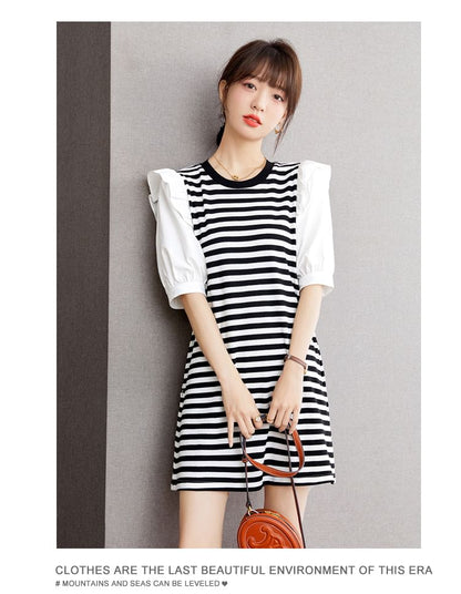 Short-Sleeve Round Neck Striped Panel Ruffle Trim Mini A-Line Dress mySite