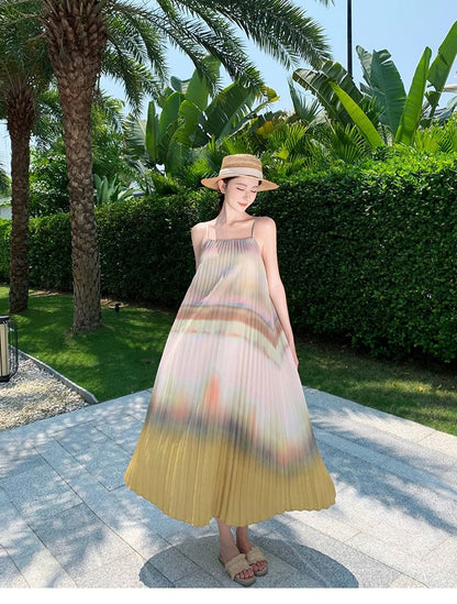 Sleeveless Tie Dye Accordion Pleated Midi A mySite