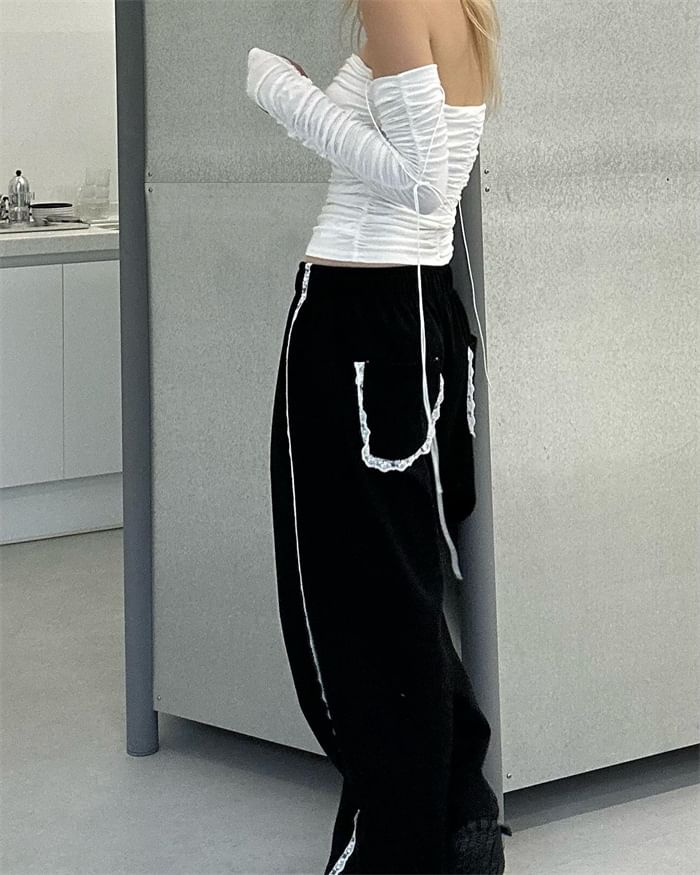 Low Waist Lace Panel Loose-Fit Wide-Leg Sweatpants SpreePicky