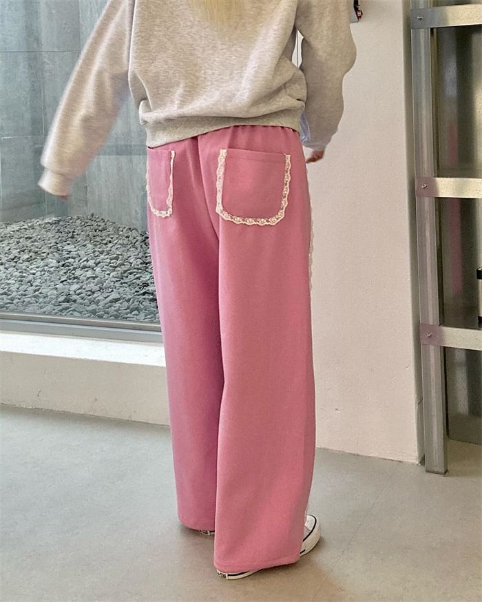 Low Waist Lace Panel Loose-Fit Wide-Leg Sweatpants SpreePicky