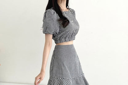 Set: Puff Sleeve Crew Neck Plaid Crop Top + High Rise Midi A-Line Skirt mySite