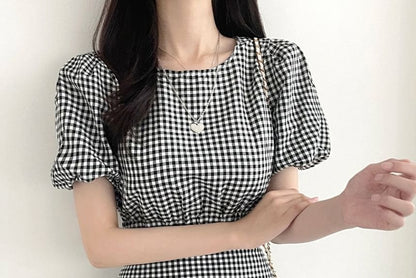 Set: Puff Sleeve Crew Neck Plaid Crop Top + High Rise Midi A-Line Skirt mySite