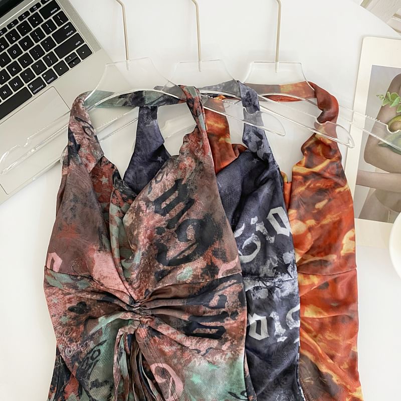 Halter Print Drawstring Mesh Tank Top mySite