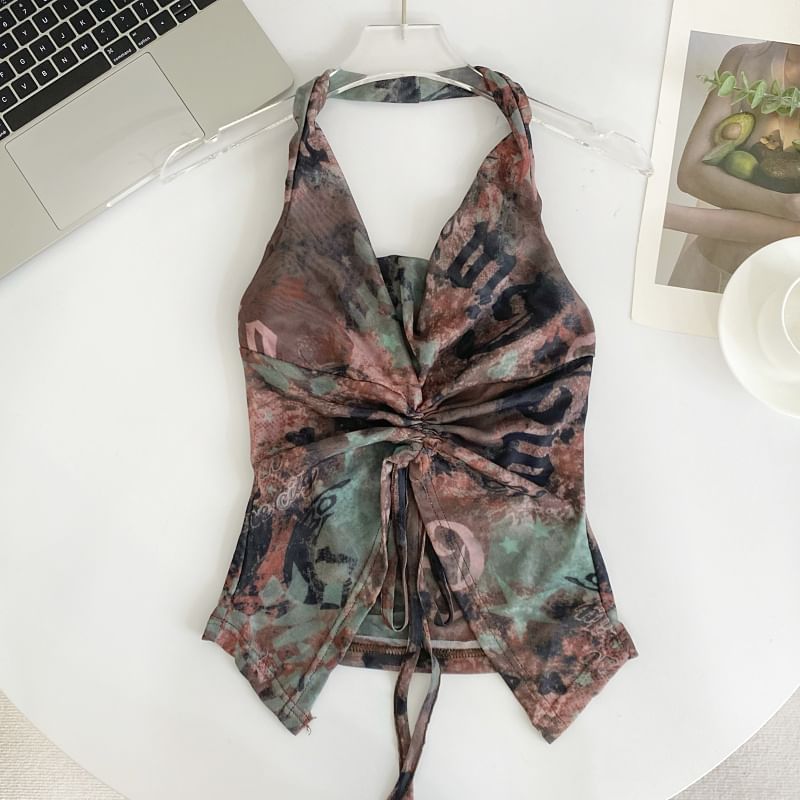 Halter Print Drawstring Mesh Tank Top mySite