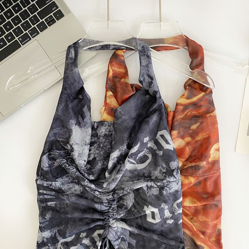 Halter Print Drawstring Mesh Tank Top mySite