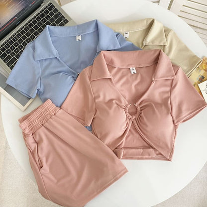 Set: Short-Sleeve V-Neck Plain Crop Polo Shirt + Elastic Waist Shorts mySite