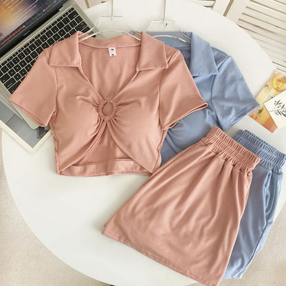 Set: Short-Sleeve V-Neck Plain Crop Polo Shirt + Elastic Waist Shorts mySite