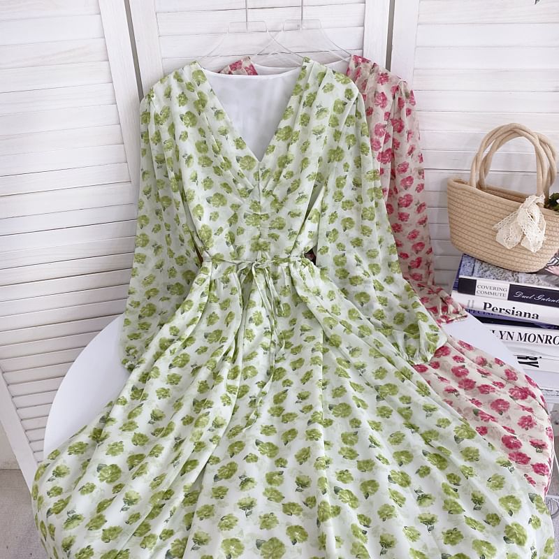 Long-Sleeve V-Neck Floral Midi A-Line Dress mySite