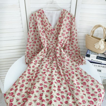 Long-Sleeve V-Neck Floral Midi A-Line Dress mySite