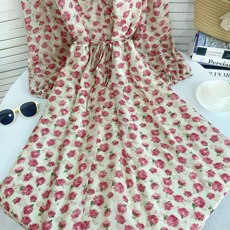 Long-Sleeve V-Neck Floral Midi A-Line Dress mySite