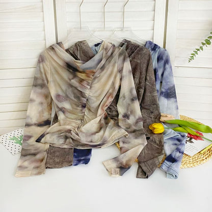 Long-Sleeve Cowl Neck Tie Dye Ruched Mesh Top mySite