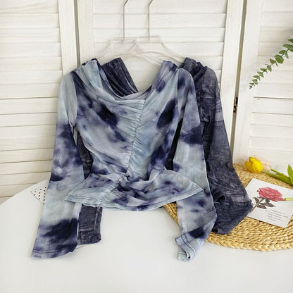 Long-Sleeve Cowl Neck Tie Dye Ruched Mesh Top mySite