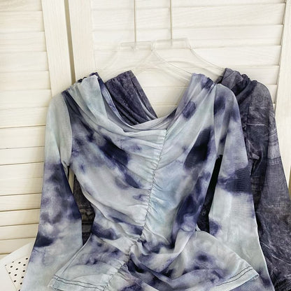 Long-Sleeve Cowl Neck Tie Dye Ruched Mesh Top mySite