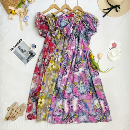 Cap-Sleeve V-Neck Floral Midi A-Line Dress mySite