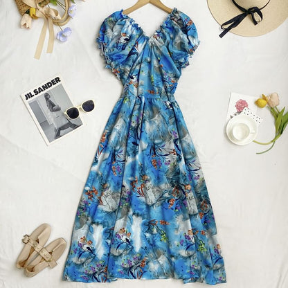 Cap-Sleeve V-Neck Floral Midi A-Line Dress mySite