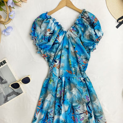 Cap-Sleeve V-Neck Floral Midi A-Line Dress mySite