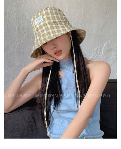 Lettering Applique Plaid Bucket Hat SpreePicky