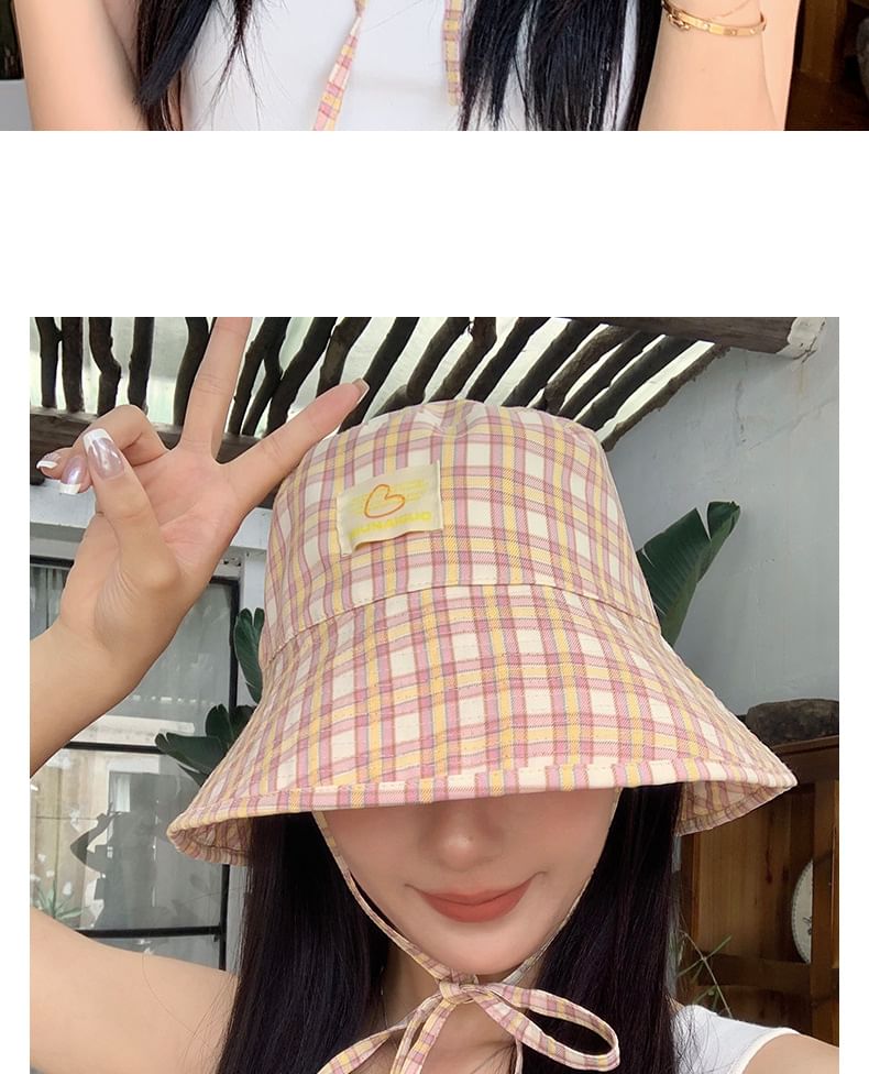 Lettering Applique Plaid Bucket Hat SpreePicky