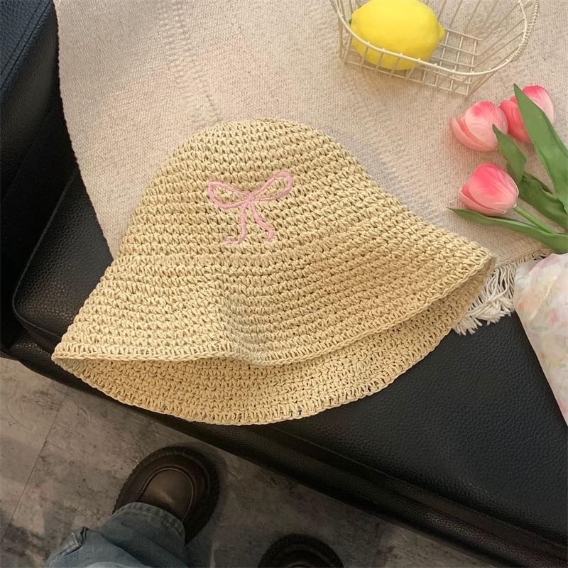 Bow Embroidered Knit Bucket Hat SpreePicky