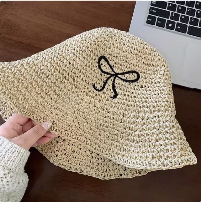 Bow Embroidered Knit Bucket Hat SpreePicky