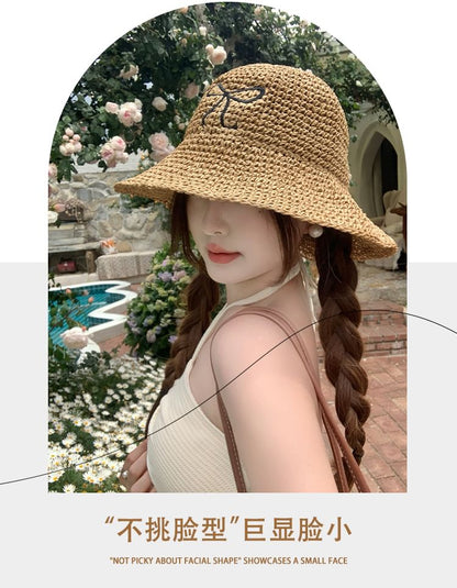 Bow Embroidered Knit Bucket Hat SpreePicky