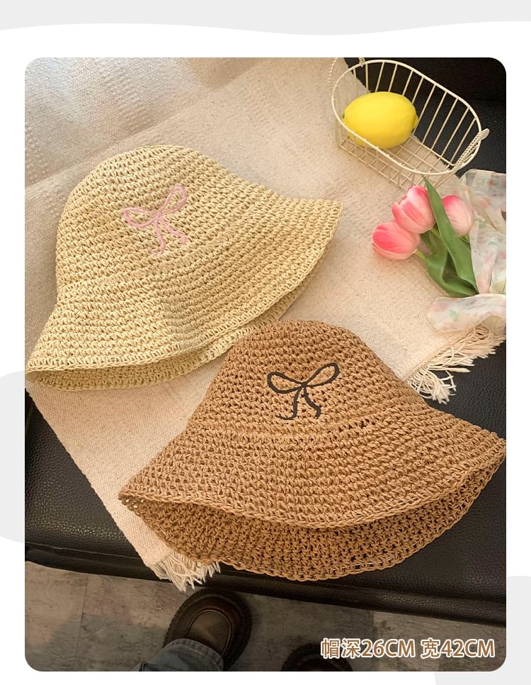 Bow Embroidered Knit Bucket Hat SpreePicky