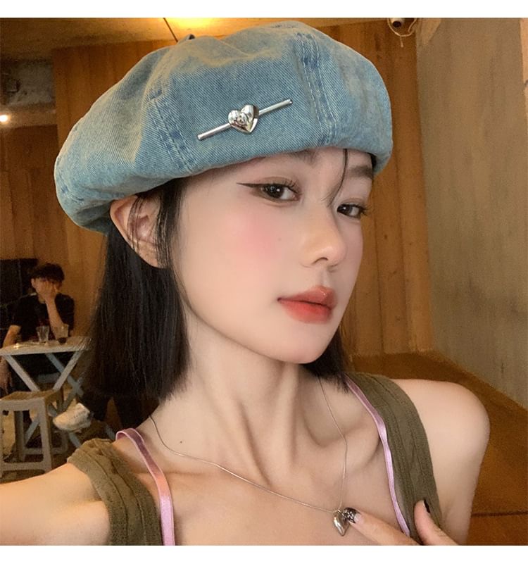 Heart Washed Denim Beret SpreePicky