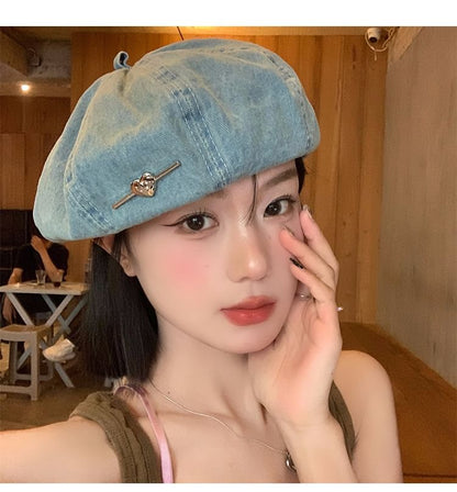 Heart Washed Denim Beret SpreePicky