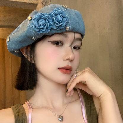 Flower Rhinestone Denim Beret SpreePicky