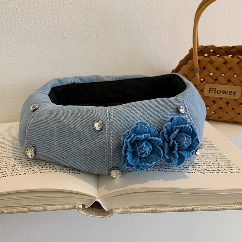 Flower Rhinestone Denim Beret SpreePicky