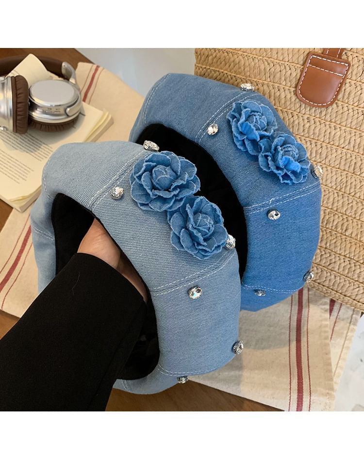 Flower Rhinestone Denim Beret SpreePicky