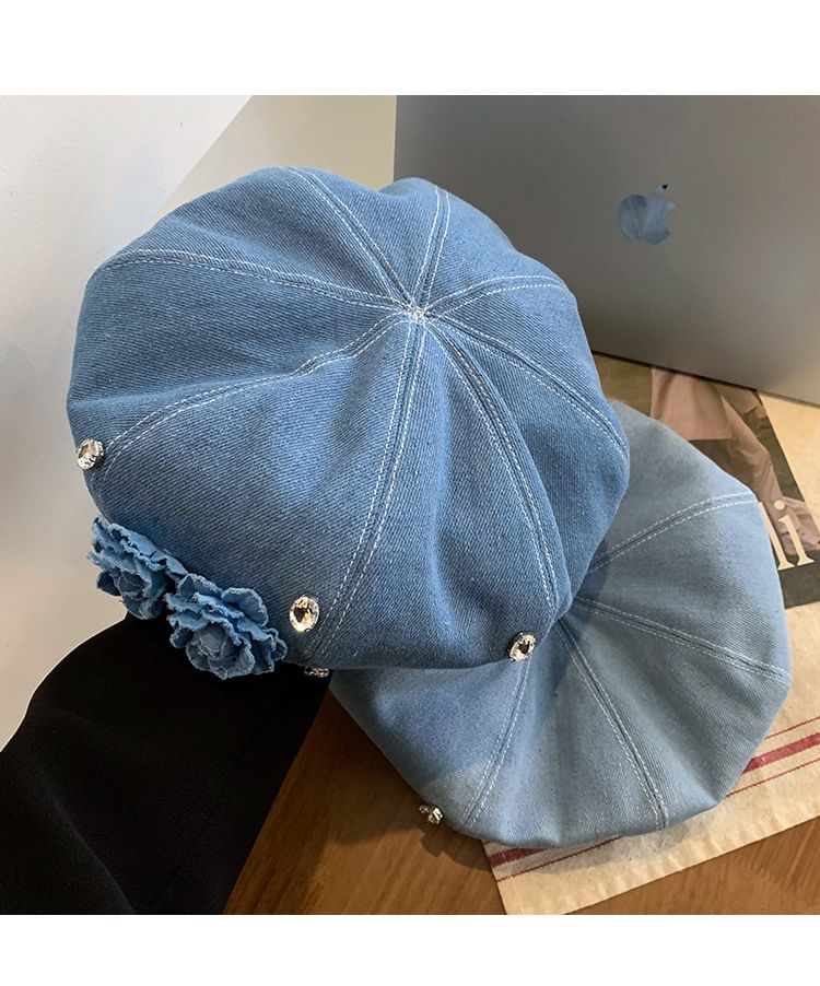 Flower Rhinestone Denim Beret SpreePicky