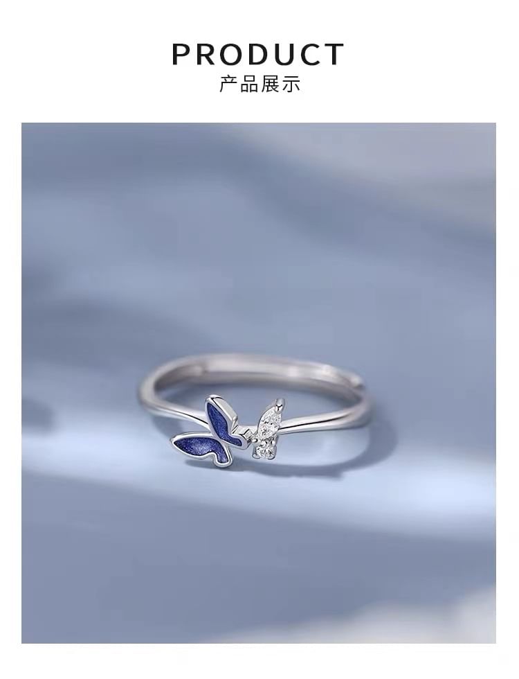 Butterfly Rhinestone Sterling Silver Open Ring SpreePicky