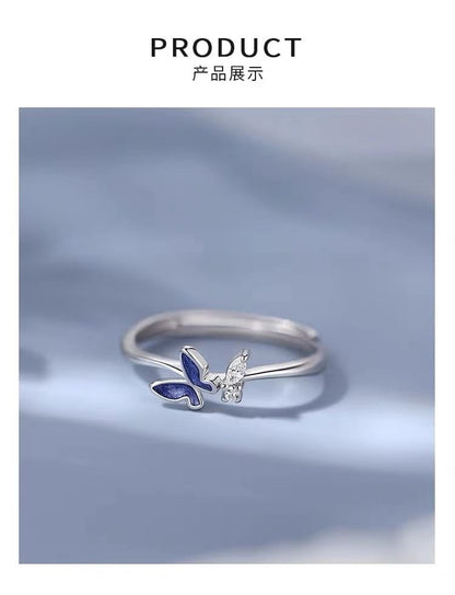 Butterfly Rhinestone Sterling Silver Open Ring SpreePicky