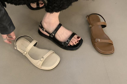 Plain Buckled Faux Leather Slingback Flat Sandals mySite