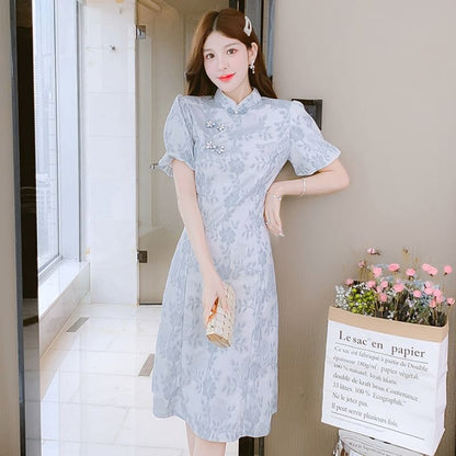 Traditional Chinese Short-Sleeve Stand Collar Faux Pearl Accent Frog Buttoned Lace Midi A-Line Dress SpreePicky