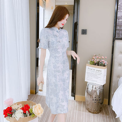 Traditional Chinese Short-Sleeve Stand Collar Faux Pearl Accent Frog Buttoned Lace Midi A-Line Dress SpreePicky