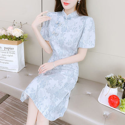 Traditional Chinese Short-Sleeve Stand Collar Faux Pearl Accent Frog Buttoned Lace Midi A-Line Dress SpreePicky