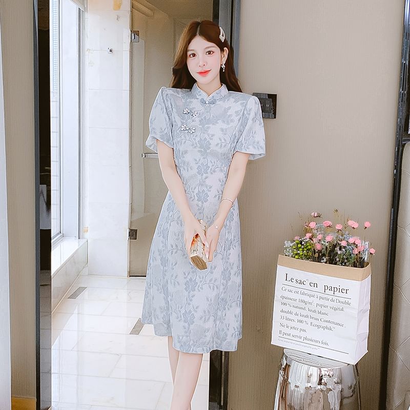 Traditional Chinese Short-Sleeve Stand Collar Faux Pearl Accent Frog Buttoned Lace Midi A-Line Dress SpreePicky