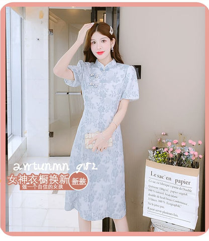 Traditional Chinese Short-Sleeve Stand Collar Faux Pearl Accent Frog Buttoned Lace Midi A-Line Dress SpreePicky