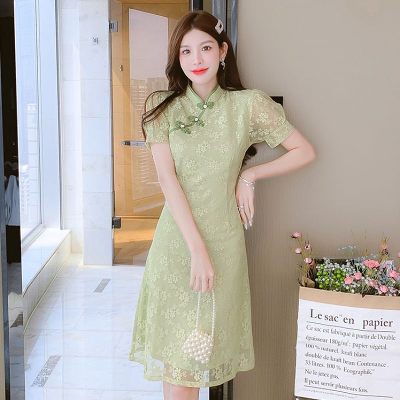 Traditional Chinese Short-Sleeve Stand Collar Contrast Trim Frog Buttoned Lace A-Line Dress SpreePicky